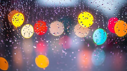 Shallow focus image of a person inside vehicle through rain-speckled glass, full-frame 50mm lens, blurred colorful urban lights creating soft ambient glow