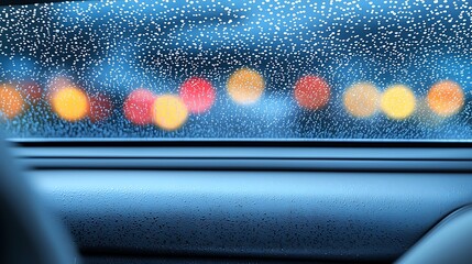 Rain-soaked taxi window framing softly lit face, mirrorless camera 85mm lens, blurred colorful city lights creating dreamy bokeh effect in background