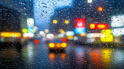 Portrait through rain-speckled car window with blurred neon city lights, full-frame camera 50mm lens, sharp focus on raindrops and soft bokeh background
