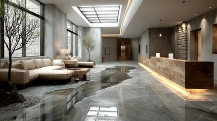 Modern hotel lobby with water damage