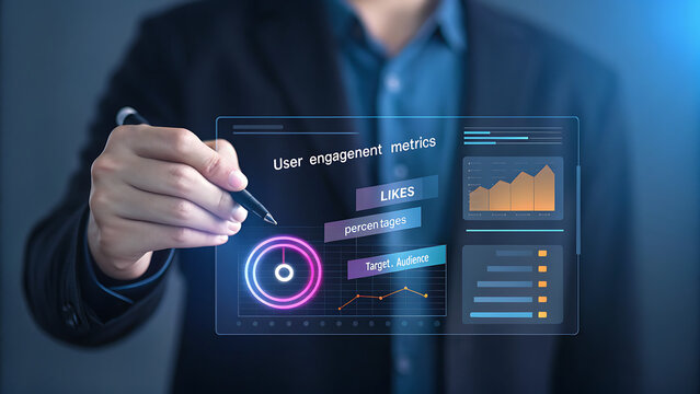 Person interacting with digital user engagement analytics metrics