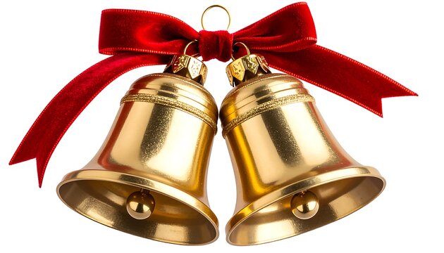 Christmas gold bells with red ribbon