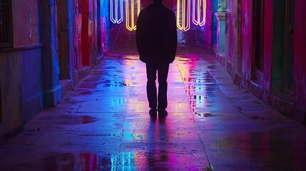 Narrow street scene featuring backlit silhouette framed by bright neon lights, 50mm lens, wet pavement reflecting vivid colors