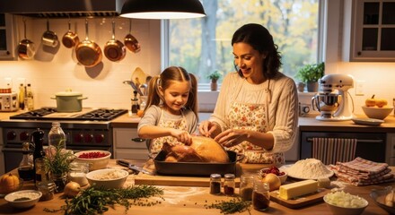 A mother and daughter prepare a Thanksgiving turkey together in a warm, inviting kitchen, with various ingredients and cooking utensils surrounding them.