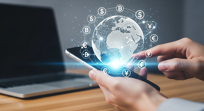 Global finance on mobile with currency symbols around globe