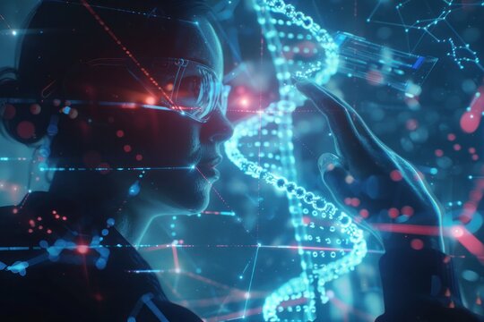 AI with holographic DNA model in futuristic lab with glowing data streams