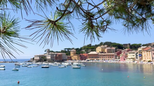 View from rock on sea, Bay of Silence, fishing cove of the town of Sestri-Levante, Italy. Tourism and recreation. Ecologically clean nature. Traditional old buildings. Historical center.