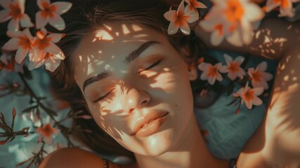 A woman lying down with fresh flowers woven into her hair, possibly for a special occasion or as a symbol of femininity