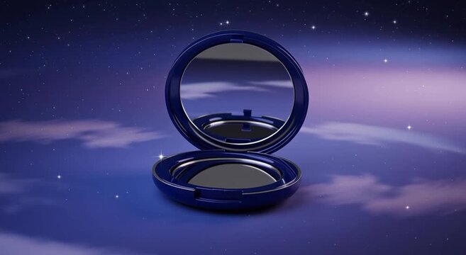 Elegant blue compact mirror open against a dreamy night sky with shimmering stars