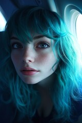 Fototapeta premium Young woman with vibrant teal hair gazes thoughtfully, illuminated by natural light, showcasing her expressive features and unique style in a serene atmosphere