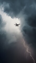 Side view of a drone navigating stormy skies
