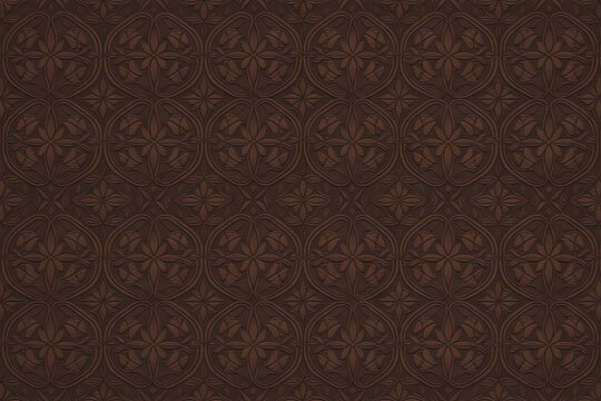 Fototapeta Brown Floral Embossed Leather Seamless Pattern for Backgrounds and Designs