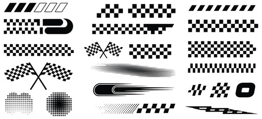 Race car vector and racing stripe set, checkered flag designs, dynamic lines, speed decals, automotive competition graphics, and black and white finish line elements
