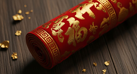 A traditional Chinese banner is unrolled carefully across the dark wood background