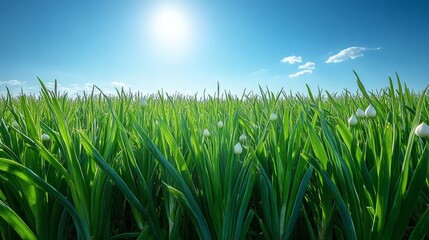 Obraz premium Lush green field of plants under a vibrant blue sky.