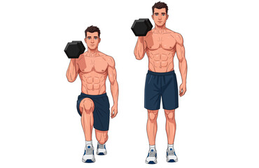 Man in two phases of the dumbbell lunge exercise. Leg strength training. Two-step illustration of a fitness man doing a lunge with weights.