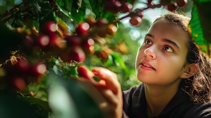 Young woman inspecting ripe coffee cherries under sunlit scene