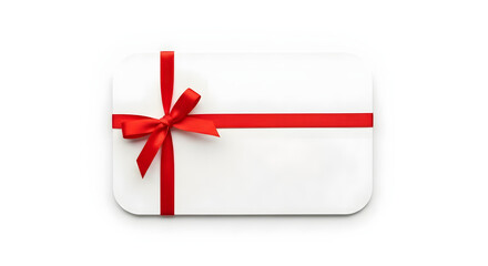 A blank gift card adorned with a vibrant red ribbon and bow, ready for a personalized message.