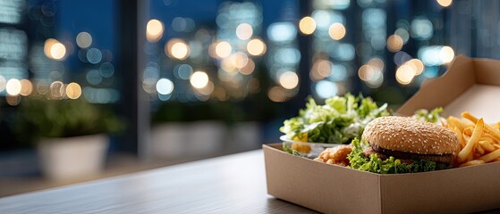 A detailed burger replica in a cardboard box sits on a table, softly lit, with a lively restaurant atmosphere outside