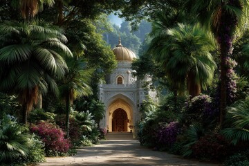 Fototapeta premium Tranquil garden path leads to an elegant palace, surrounded by lush foliage and sunlit trees, offering a serene escape.