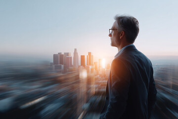 Businessman gazing thoughtfully at a glowing city skyline during sunrise, symbolizing vision and future growth