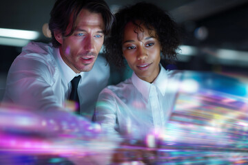 Focused business professionals collaborating and analyzing futuristic holographic data in a modern office environment