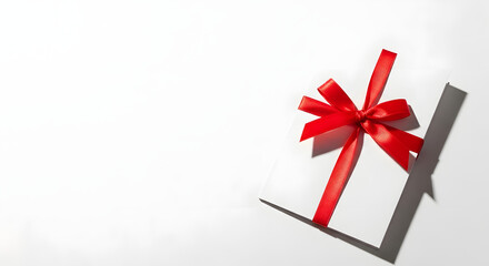 A single white gift box with a vibrant red ribbon and bow, casting a shadow.
