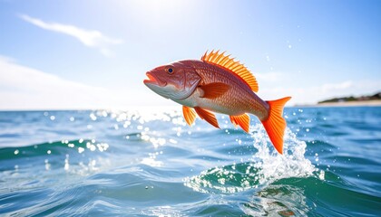 A vibrant red fish leaps from the ocean