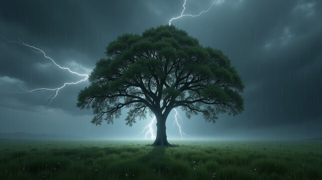 Majestic Tree Struck by Lightning During Storm in a Green Field