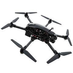 Naklejka premium Sophisticated drone with LED lights isolated on white background. Modern professional quadcopter for aerial photography and technology concepts.
