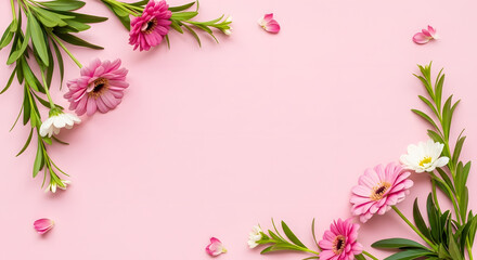 Pink background with floral arrangement featuring daisies, gerberas, and green leaves.