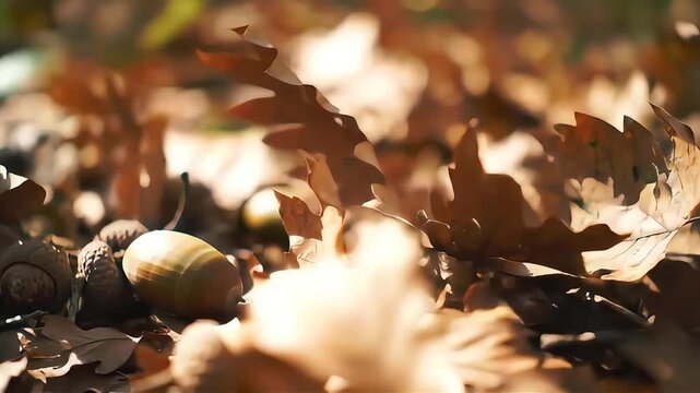 Acorns and oak leaves on the ground in autumn season sunlight