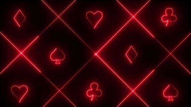 neon spade suit or symbol of playing card, 4k gambling animation. Neon playing cards glowing on black background. Abstract animation background. Concept of online casino and bet. 