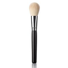 A single makeup brush with a black handle and light colored bristles on a white isolated background