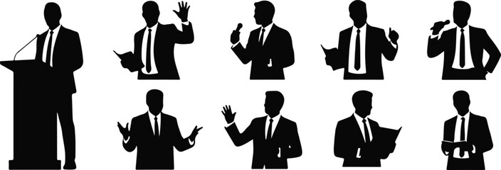 Silhouettes of men in suits speaking and gesturing set, bundle, vector, isolated on white background, cutout, png, clipping path, transparent, image, download, 2025,2026
