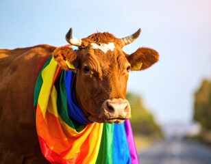 A cow adorned with a rainbow flag