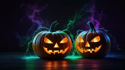 Futuristic Neon Jack-O-Lantern Pumpkins With Fiber Optic Light Trails Background

