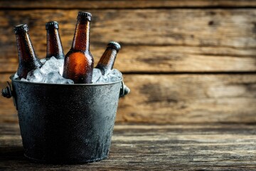 Chilled dark beer bottles in a wet black bucket filled with ice on rustic wooden planks, perfect for bar promotions, summer party visuals, or beverage marketing scenes