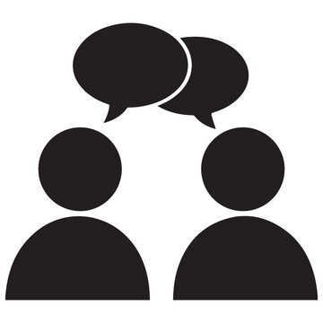 Two abstract black figures facing each other with black speech bubbles above their heads symbolizing communication and discussion