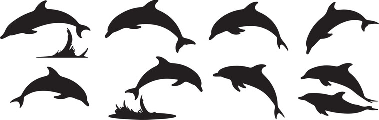 Fototapeta premium Black silhouettes of dolphins leaping from water jumping splash set, bundle, vector, isolated on white background, cutout, png, clipping path, transparent, image, download, 2025,2026