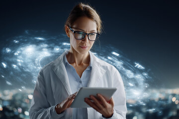 Female scientist using tablet with futuristic digital interface and holographic icons in a high-tech environment