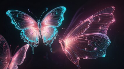 Ethereal Butterfly Wing Background with Neon Pink and Aqua Fiber Optic Glow