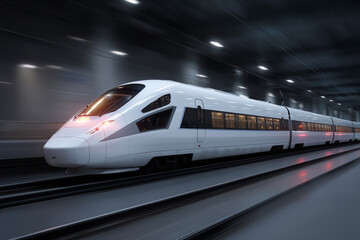 Naklejka premium Sleek modern white high-speed train traveling rapidly through an illuminated underground tunnel