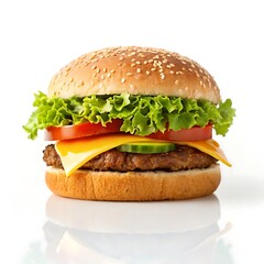 A close up shot of a hamburger with lettuce tomato cheese and cucumber on a white background surface