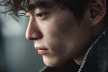 Fototapeta premium Close-up portrait of a young man with detailed skin texture and contemplative expression in soft natural light