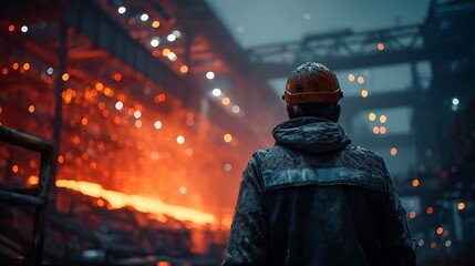 Obraz premium Worker in hard hat observes molten metal flow in industrial forge