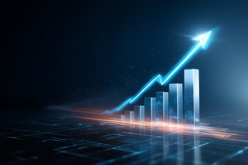Futuristic glowing bar graph with upward trending arrow symbolizing business growth and financial success