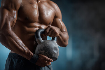 Muscular man lifting a heavy kettlebell showcasing strength and fitness in a gym environment