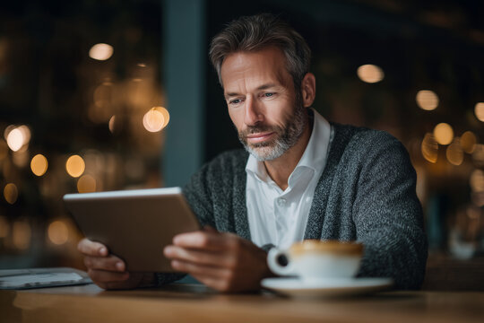 Middle-aged man enjoying coffee while reading on tablet in cozy cafe with warm bokeh lighting