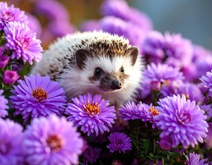 A hedgehog amidst vibrant purple flowers
